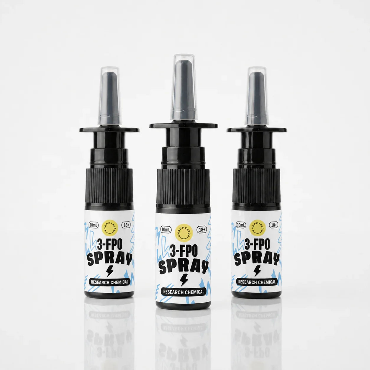 3-FPO Spray 10ml, Forschungschemikalie, 18+, 3 Flaschen auf weißem Hintergrund