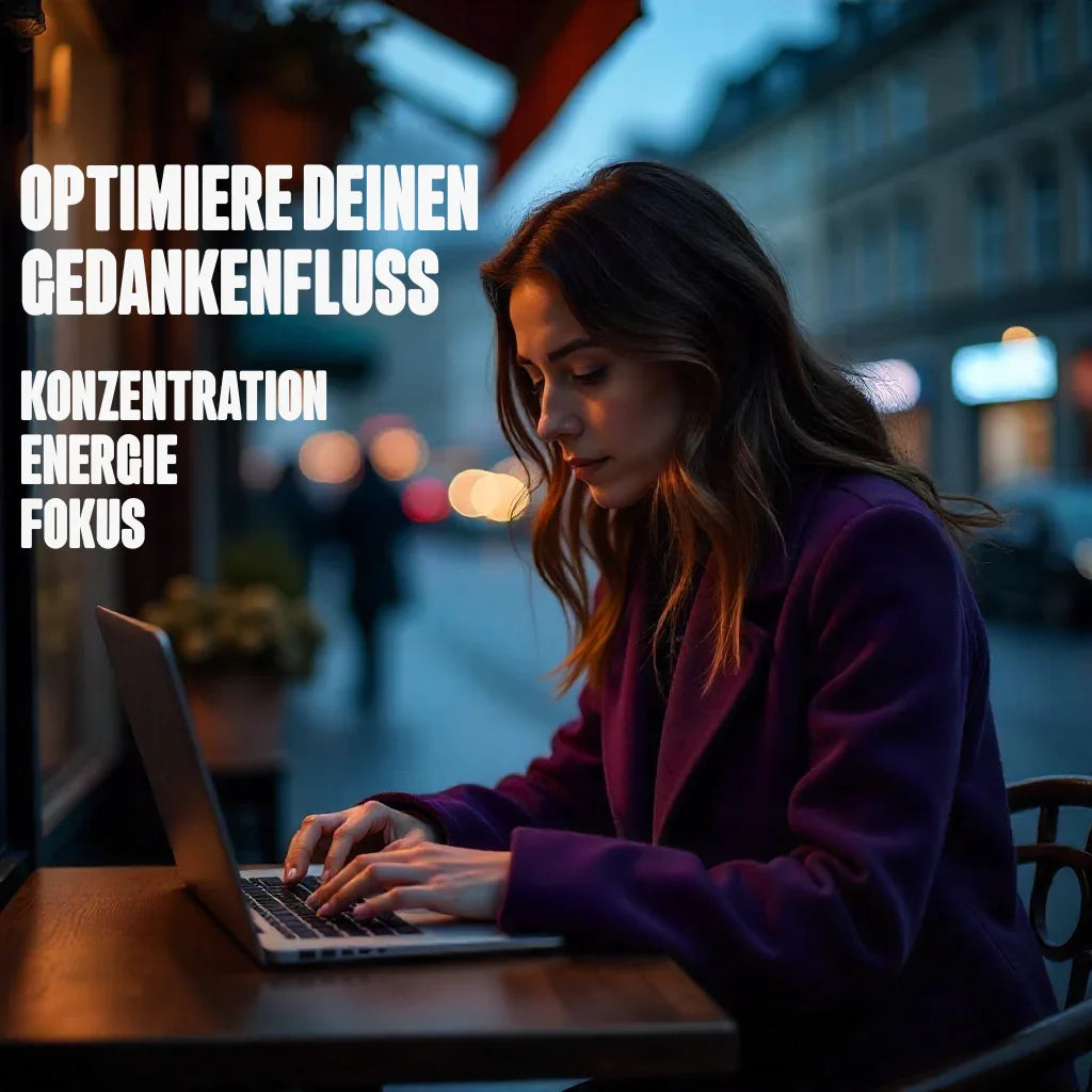 Frau tippt auf Laptop bei Abendlicht, optimiere Gedankenfluss, Konzentration, Energie, Fokus