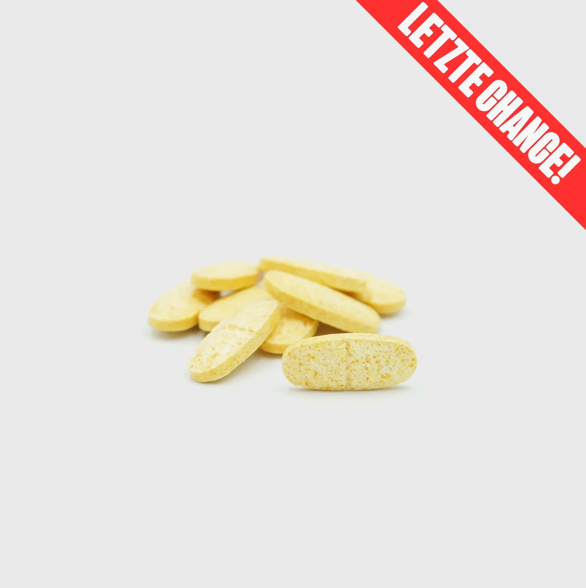 Gelbe Tabletten mit 'Letzte Chance!' Banner – natürliche Premium-Qualität