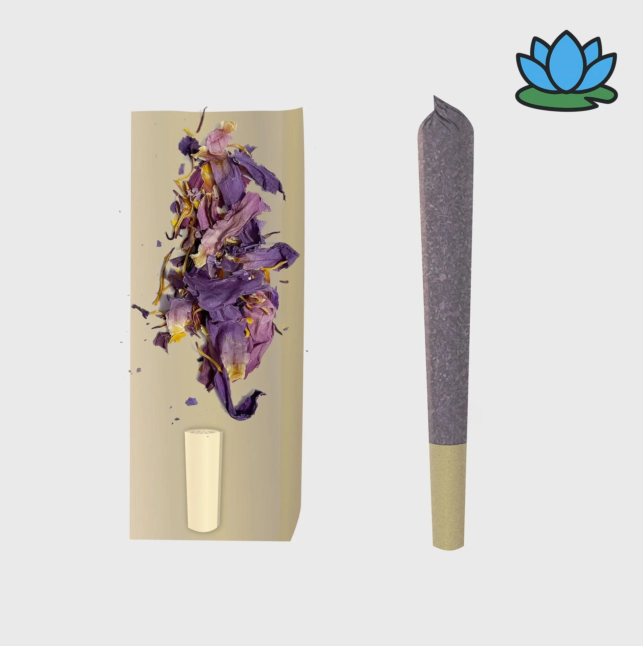 Getrocknete Blüten und gerollte Zigarette mit blauer Lotusblume