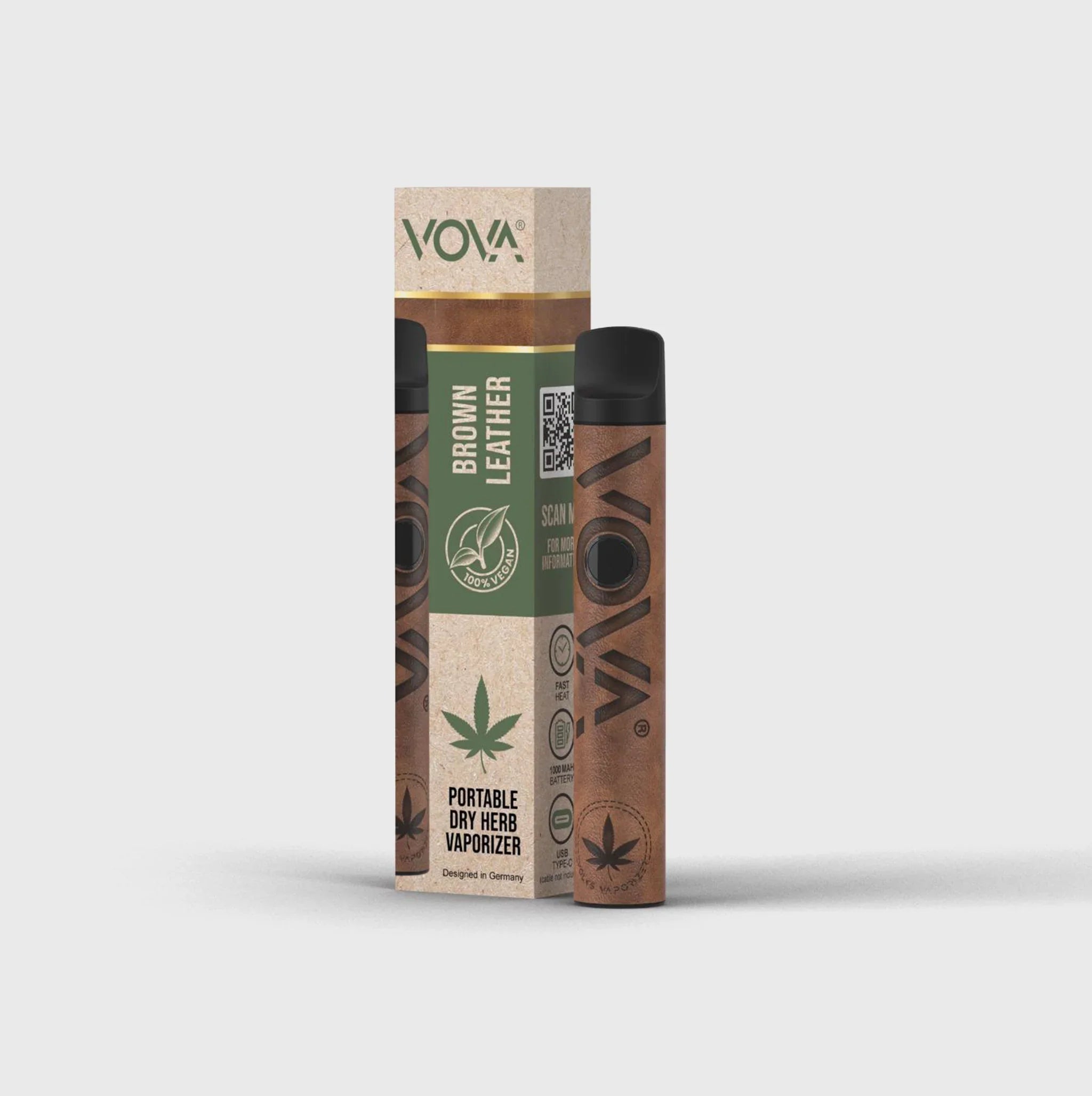 Tragbarer Trockenkräuter-Vaporizer mit braunem Lederdesign und Cannabis-Blatt