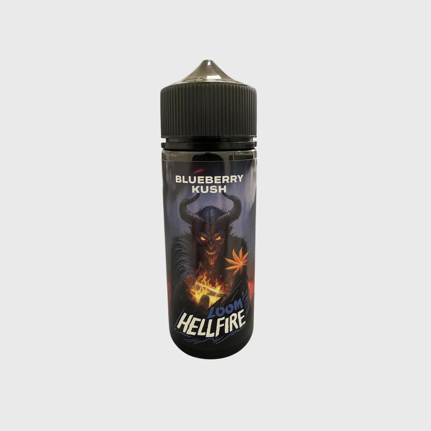 Blueberry Kush Loom Hellfire Flasche mit Dämonendesign und Cannabisblatt