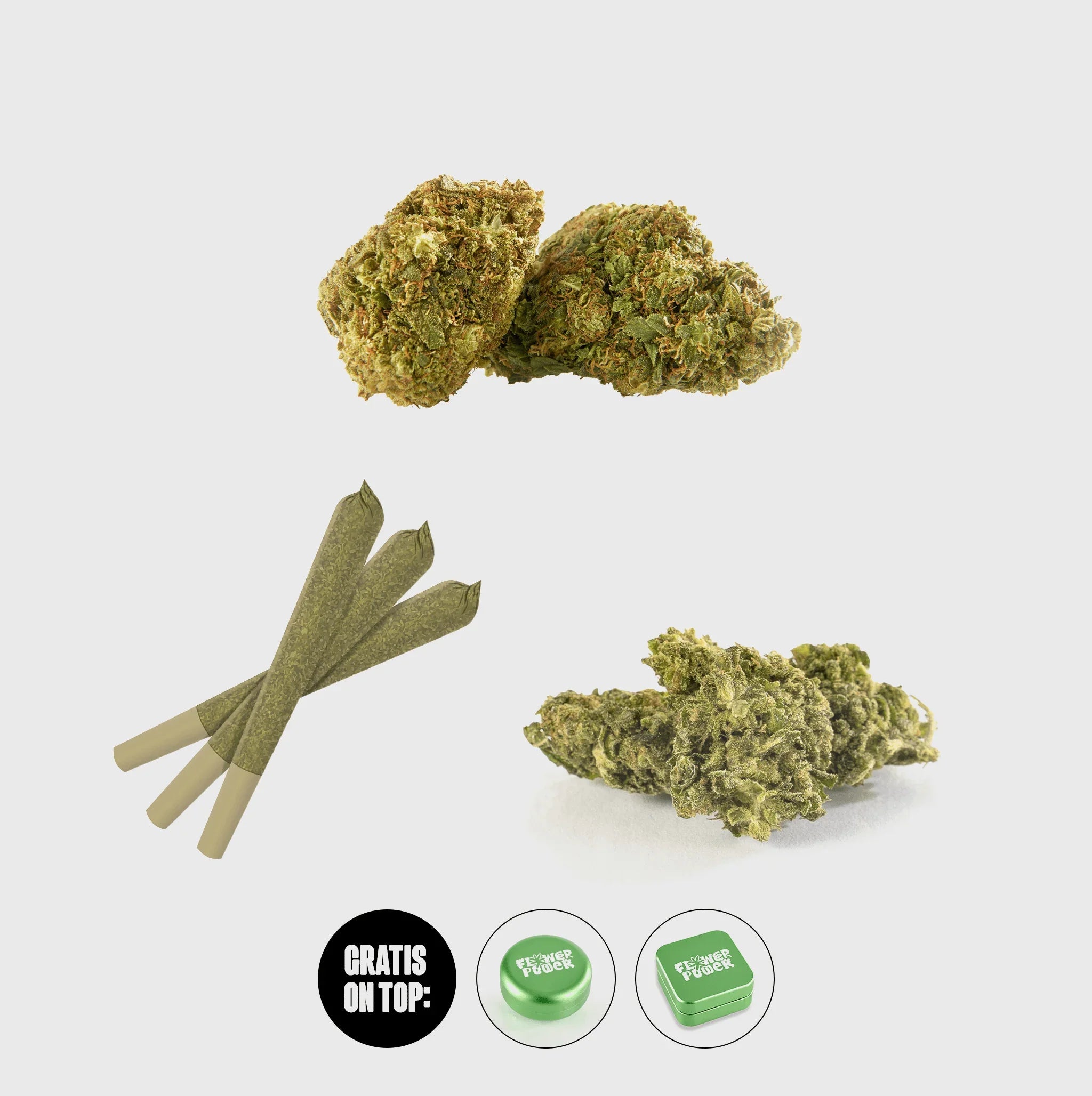 Premium Cannabis Blüten und Joint-Rollen mit gratis Flower Power Accessoires