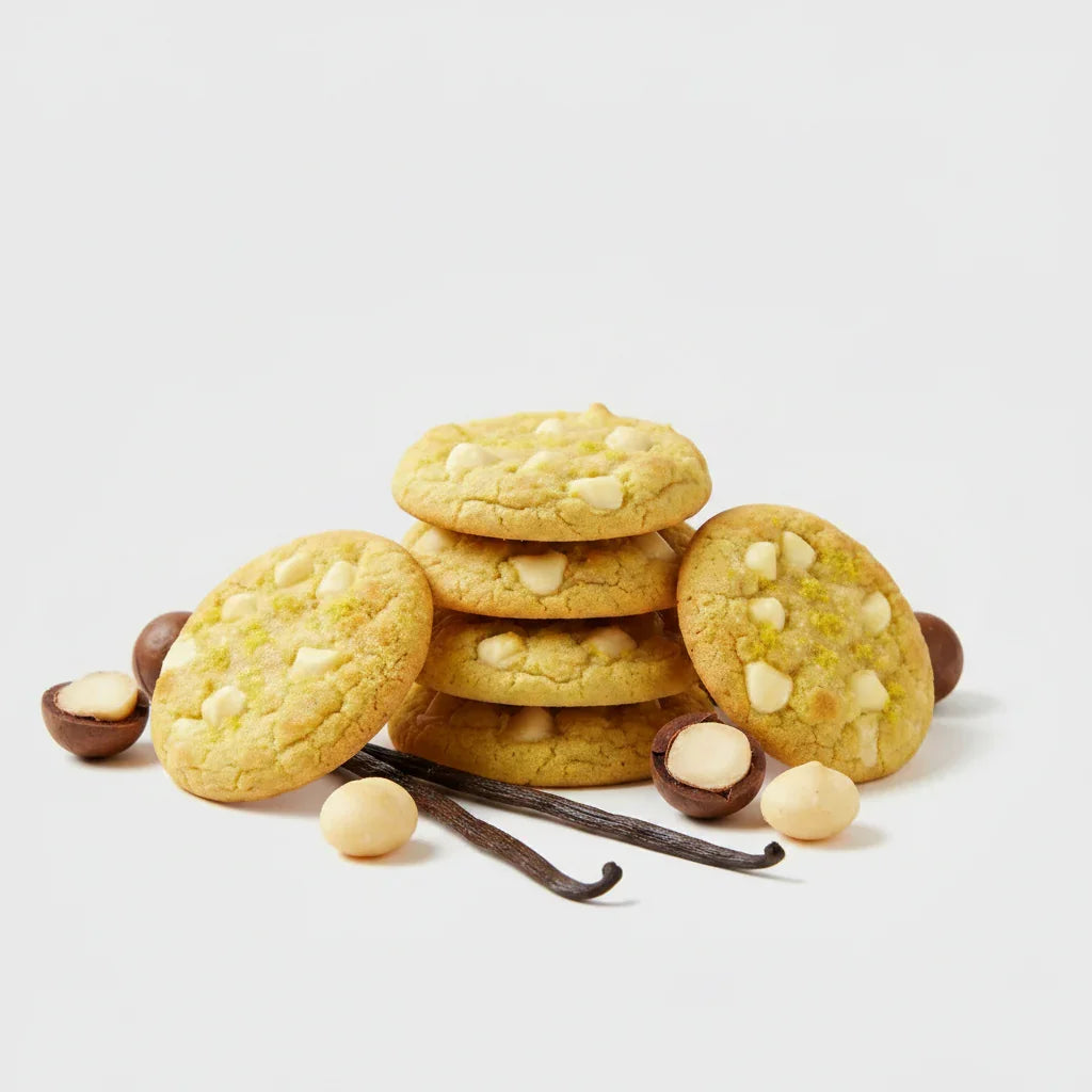 Vanille-Macadamia-Cookies mit weißen Schokostücken und natürlichen Zutaten