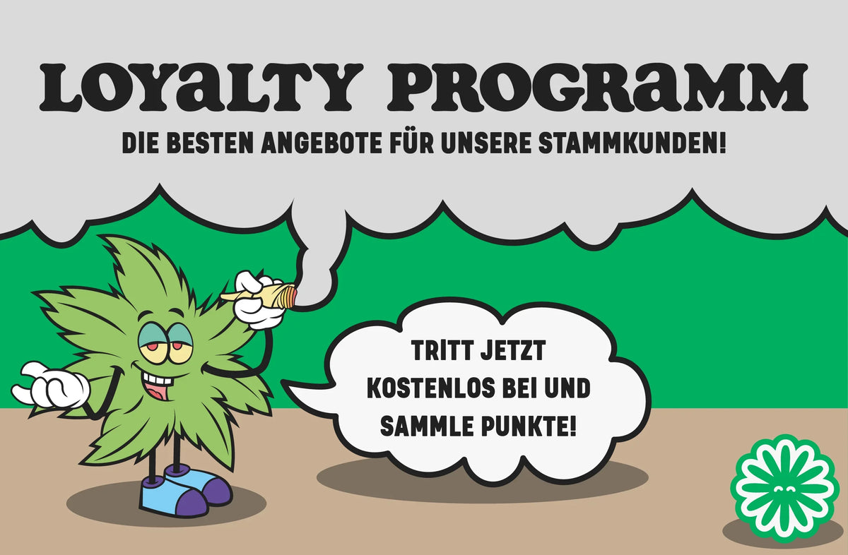 Loyalty Programm: Grünblättriger Cartoon-Charakter mit Joint, sammle Punkte und profitiere von Angeboten!